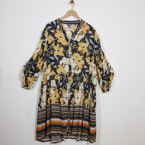 Blånk London Floral Stripe Tiered Shirt Dress Tunic Boho 3/4 Sleeve 2X Earthy - Picture 3 of 16